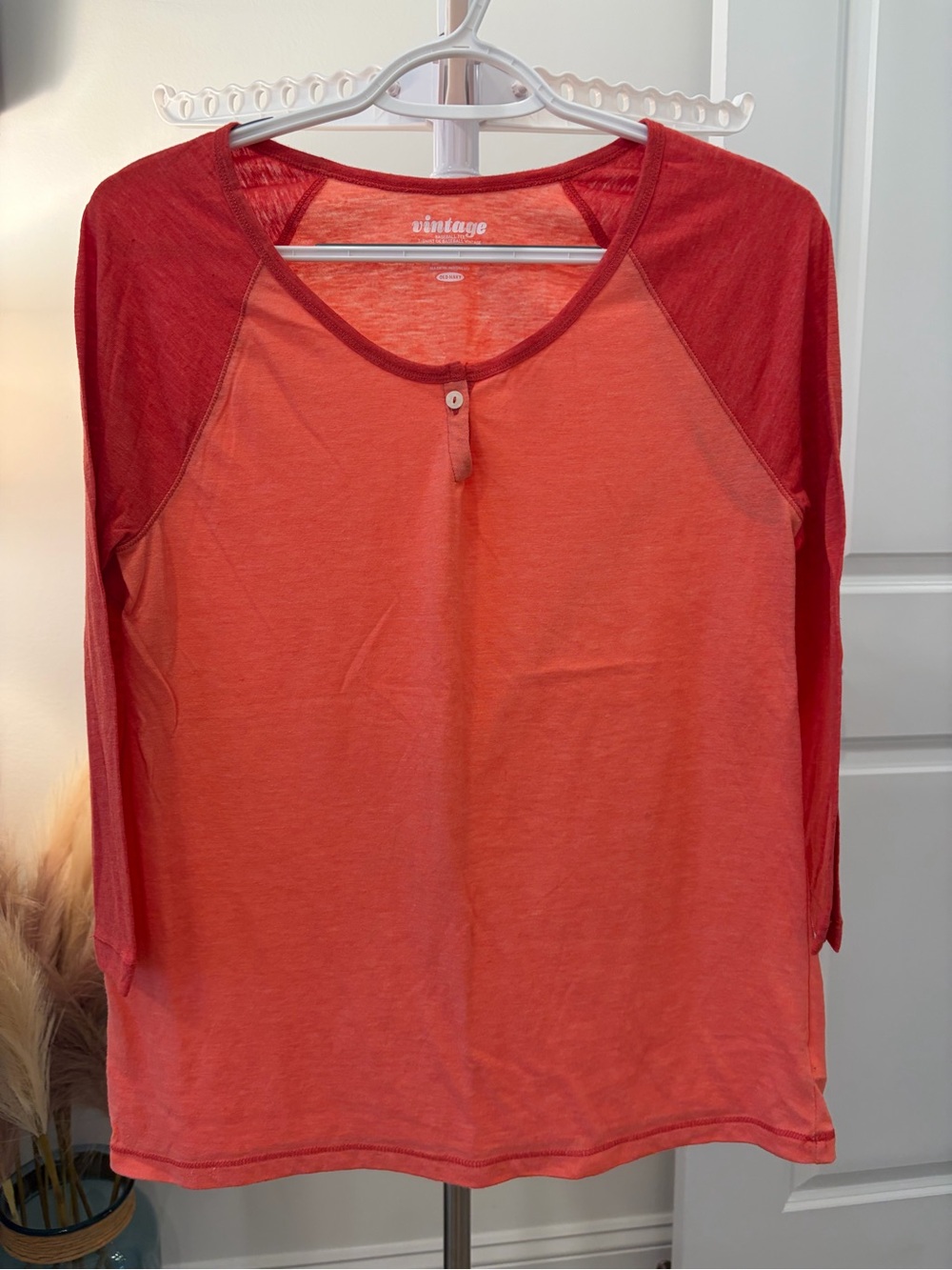 Old Navy Coral and Red Raglan Henley Long Sleeve Tee